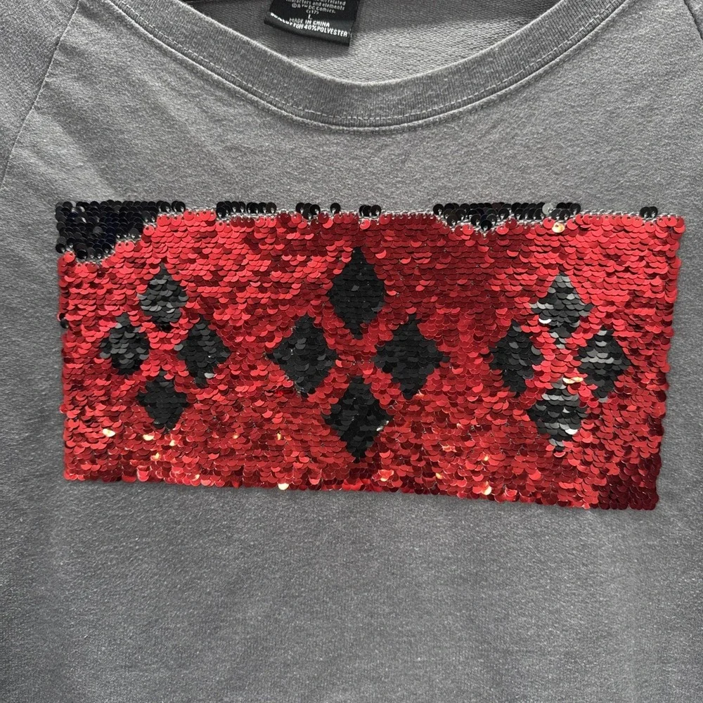 Batman Harley Quinn Flip Sequin Top Gray M Geekcore Comic Casual Graphic Tee